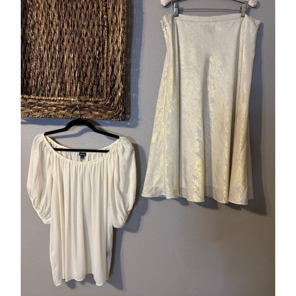 Alex Marie A Line Skirt 14 Gold Cream Stretch Washable Midi Flowy Shimmer - Picture 2 of 16